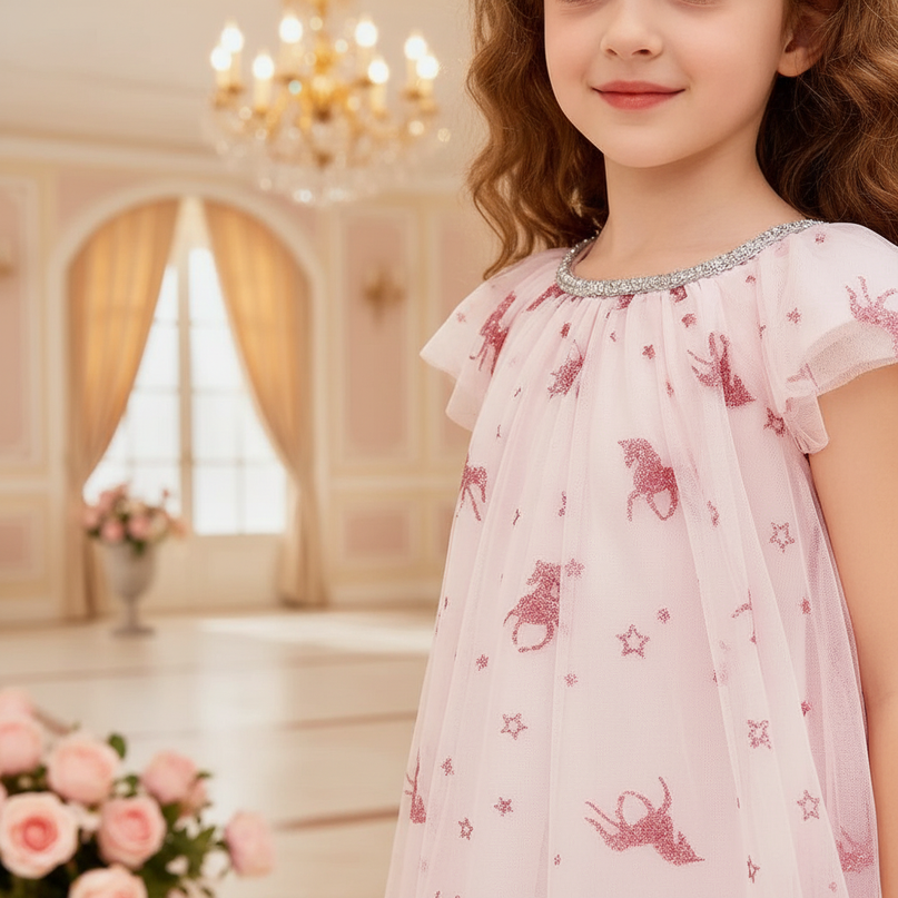 pink unicorn sparkle flutter sleeve dress - detail