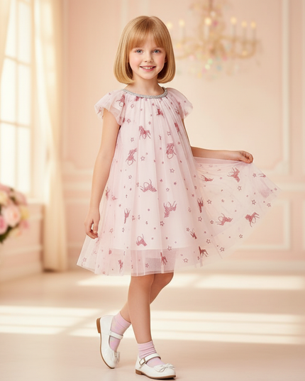 pink unicorn sparkle flutter sleeve dress - front