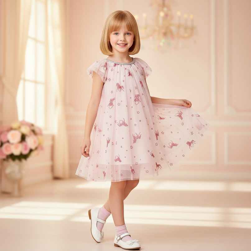 pink unicorn sparkle flutter sleeve dress - front