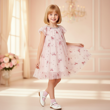 pink unicorn sparkle flutter sleeve dress - front