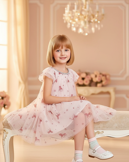 pink unicorn sparkle flutter sleeve dress - sitting