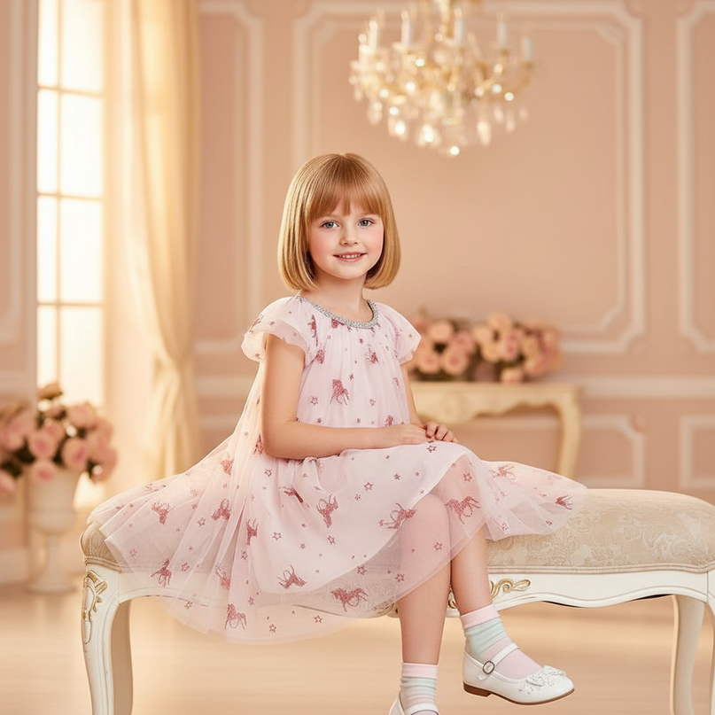 pink unicorn sparkle flutter sleeve dress - sitting