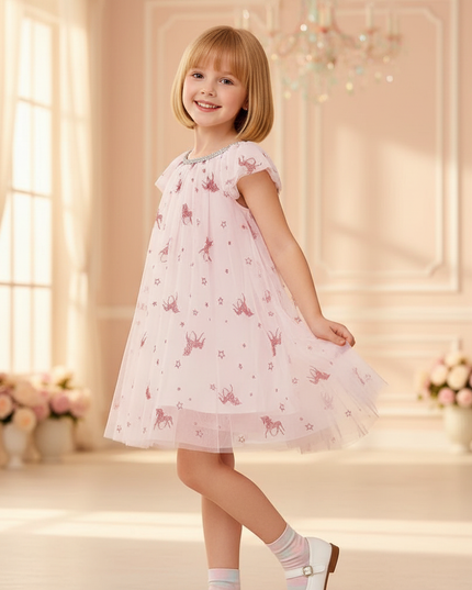 pink unicorn sparkle flutter sleeve dress - three-quarter