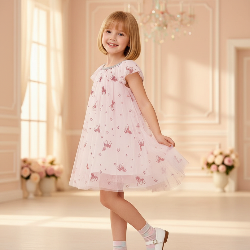 pink unicorn sparkle flutter sleeve dress - three-quarter