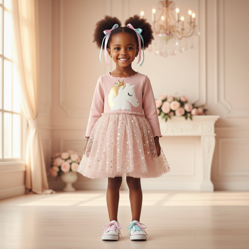 pink unicorn star dress - detail