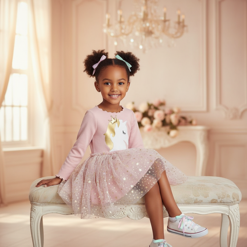 pink unicorn star dress - sitting