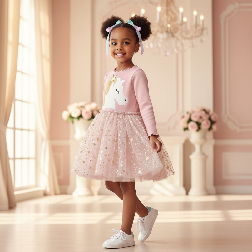 pink unicorn star dress - three-quarter