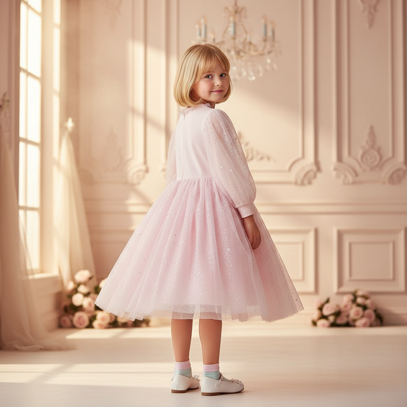 pink unicorn star sequin long sleeve dress - back