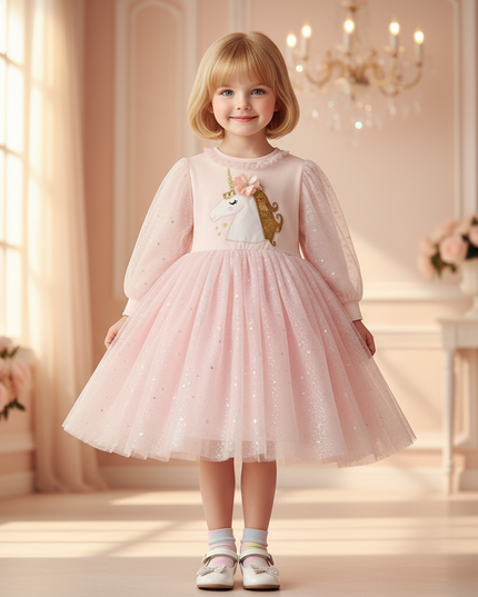 pink unicorn star sequin long sleeve dress - detail