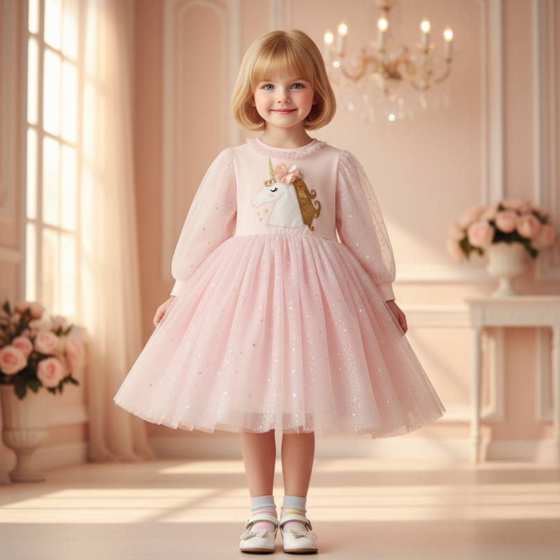 pink unicorn star sequin long sleeve dress - detail