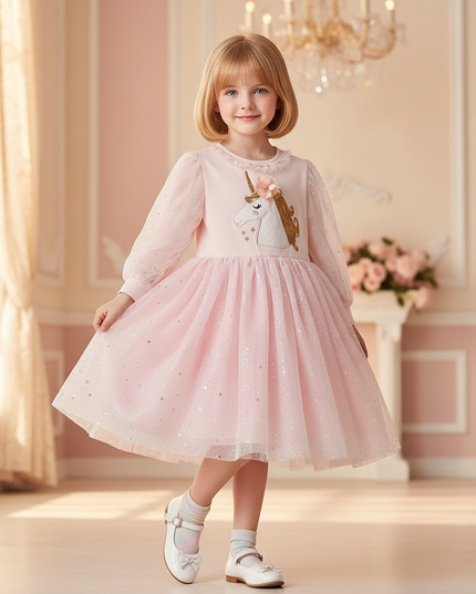 pink unicorn star sequin long sleeve dress - front