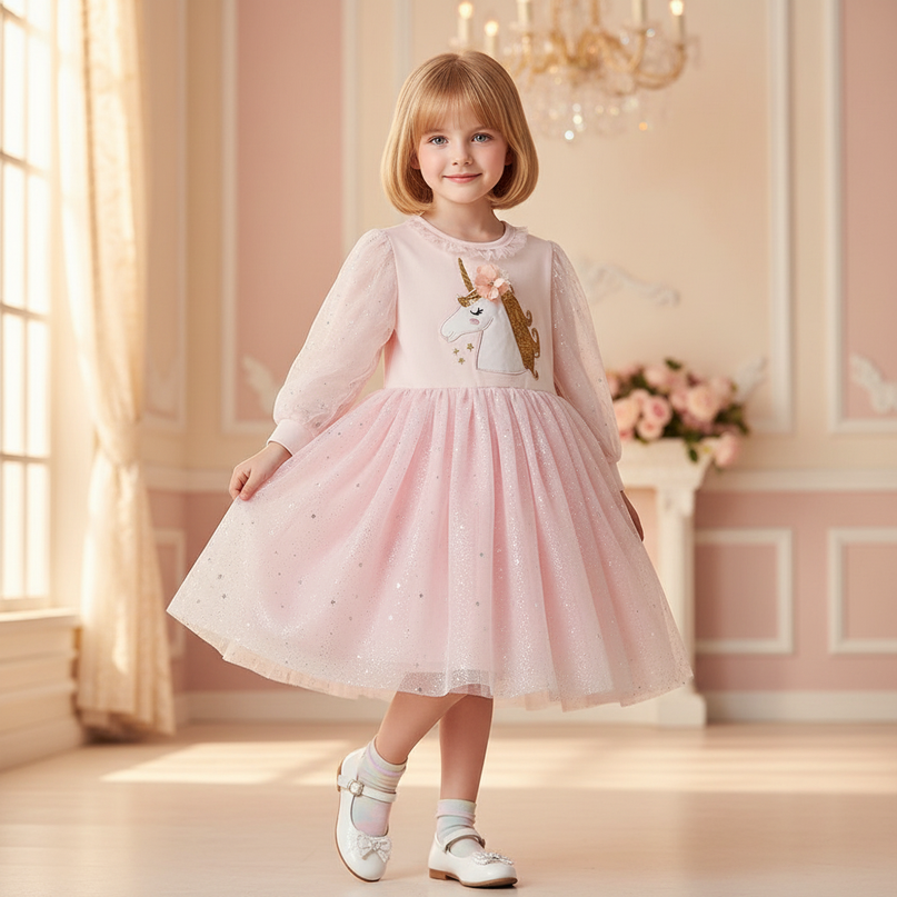 pink unicorn star sequin long sleeve dress - front