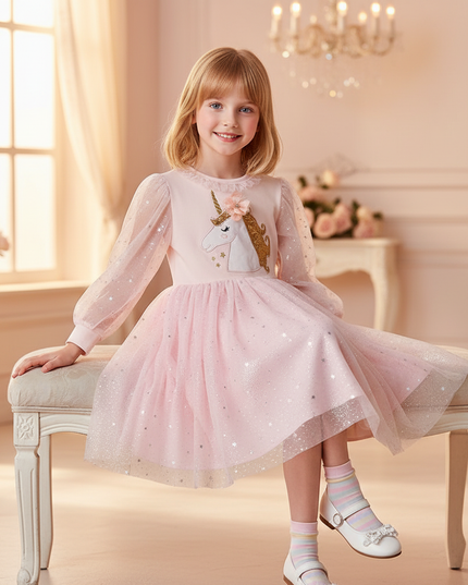 pink unicorn star sequin long sleeve dress - sitting