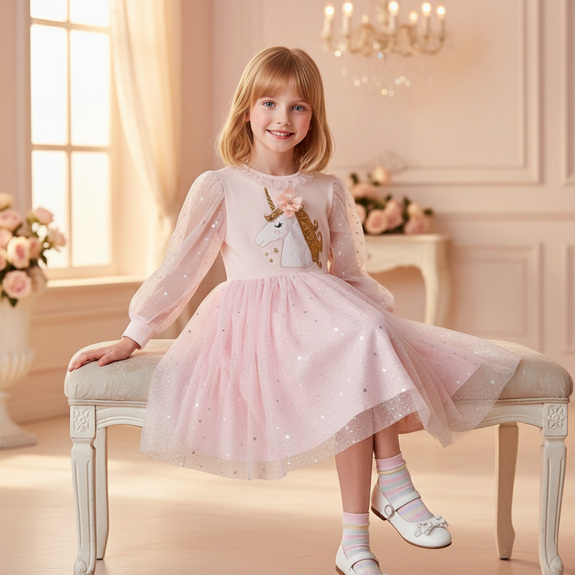 pink unicorn star sequin long sleeve dress - sitting