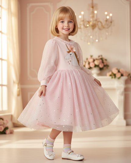pink unicorn star sequin long sleeve dress - three-quarter