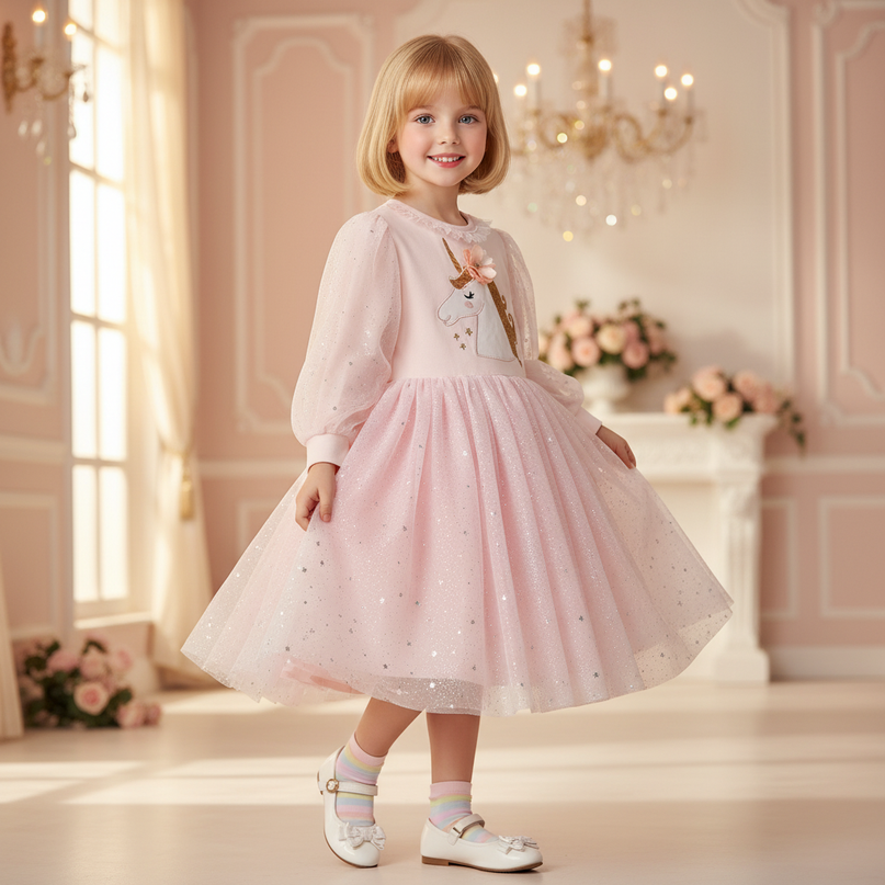 pink unicorn star sequin long sleeve dress - three-quarter