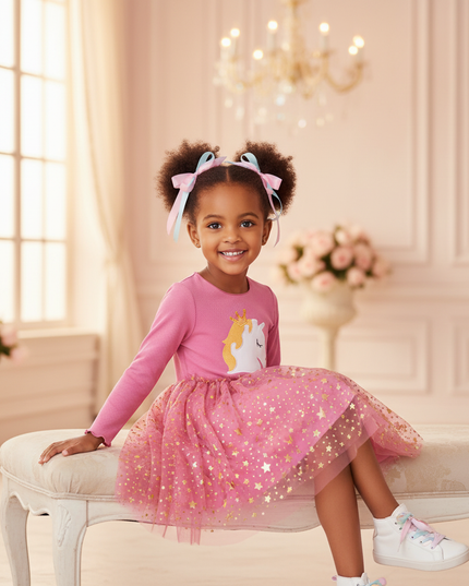 pink unicorn star tutu dress - sitting