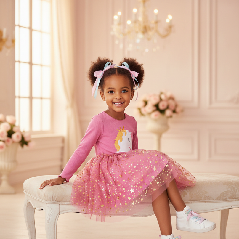 pink unicorn star tutu dress - sitting