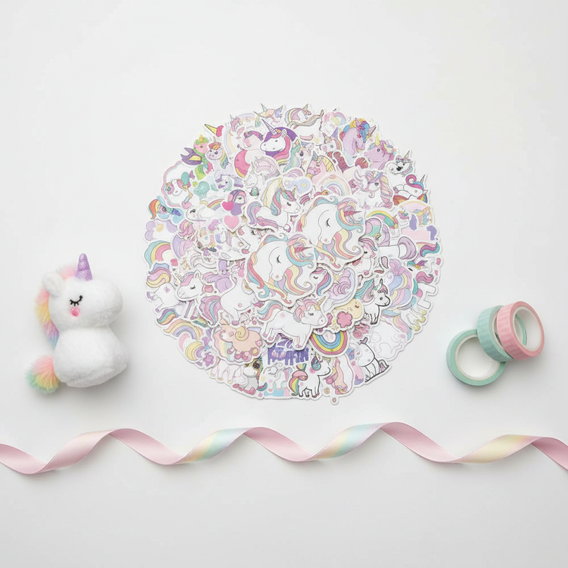 pink unicorn stickers - flat-lay