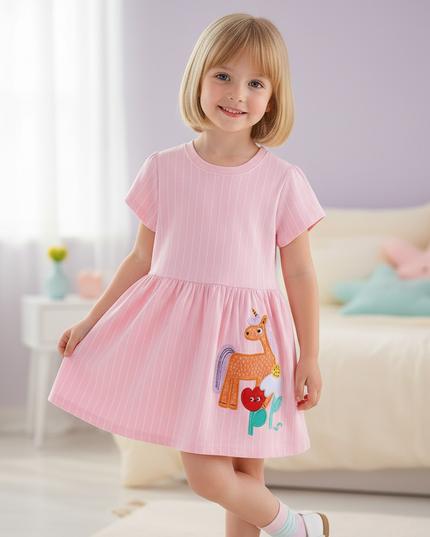 pink unicorn stripe applique dress - front
