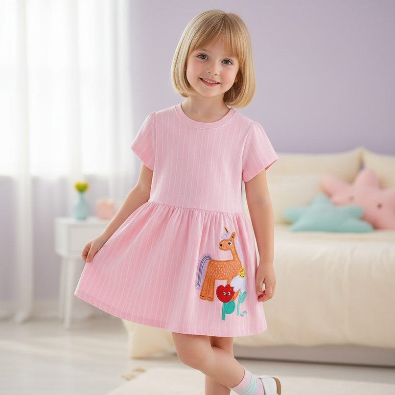 pink unicorn stripe applique dress - front
