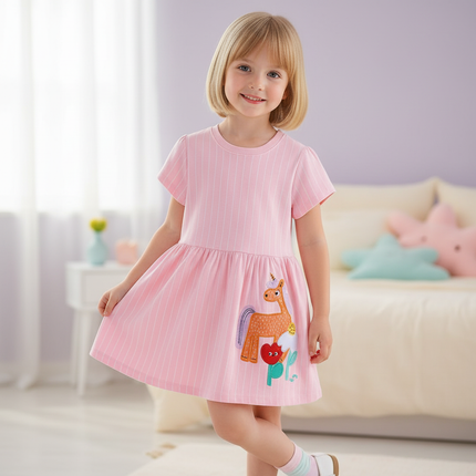 pink unicorn stripe applique dress - front