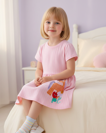 pink unicorn stripe applique dress - sitting