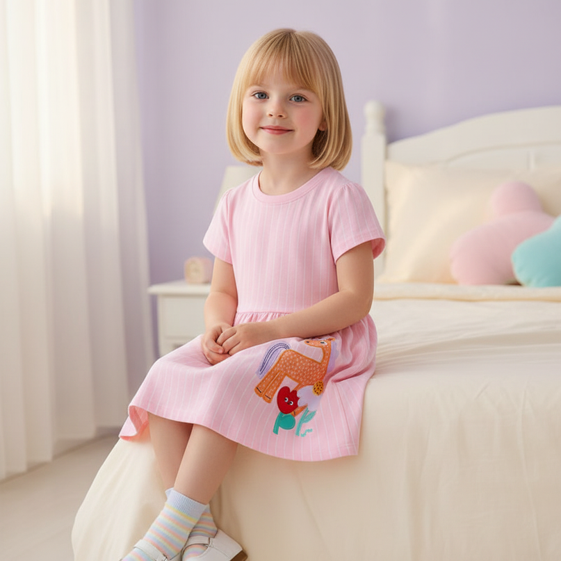 pink unicorn stripe applique dress - sitting