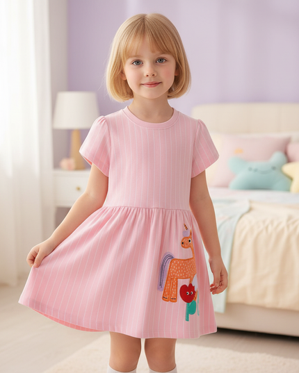 pink unicorn stripe applique dress - three-quarter
