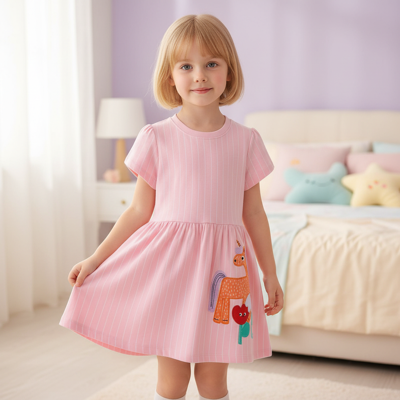 pink unicorn stripe applique dress - three-quarter