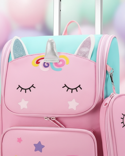pink unicorn trolley backpack - detail