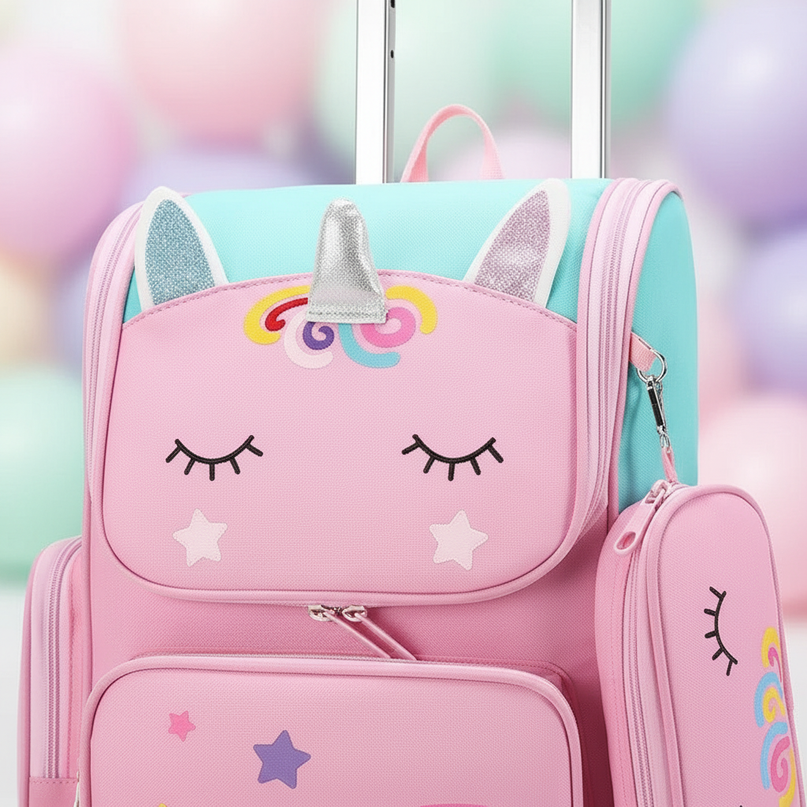 pink unicorn trolley backpack - detail