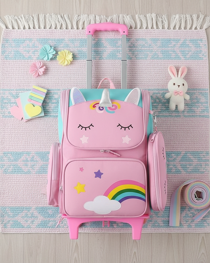 pink unicorn trolley backpack - flat-lay