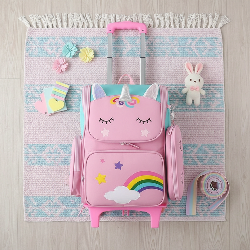 pink unicorn trolley backpack - flat-lay