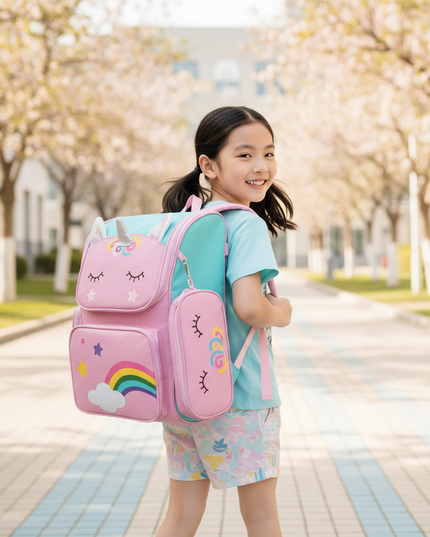 pink unicorn trolley backpack - in-use