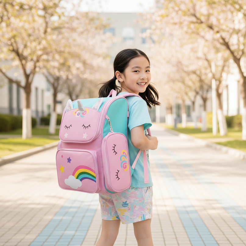 pink unicorn trolley backpack - in-use