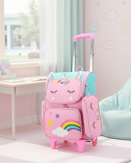 pink unicorn trolley backpack - lifestyle