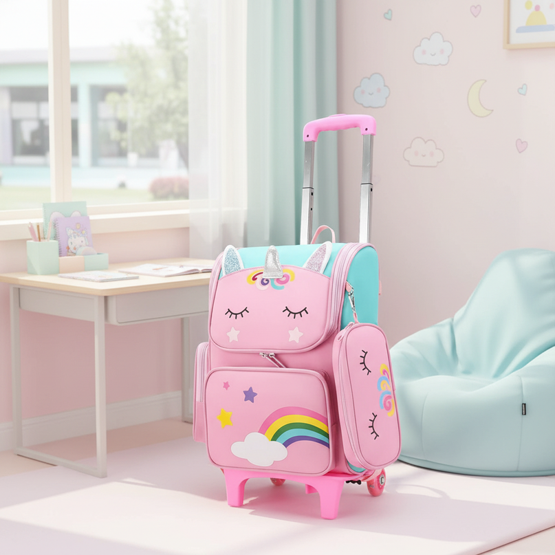 pink unicorn trolley backpack - lifestyle