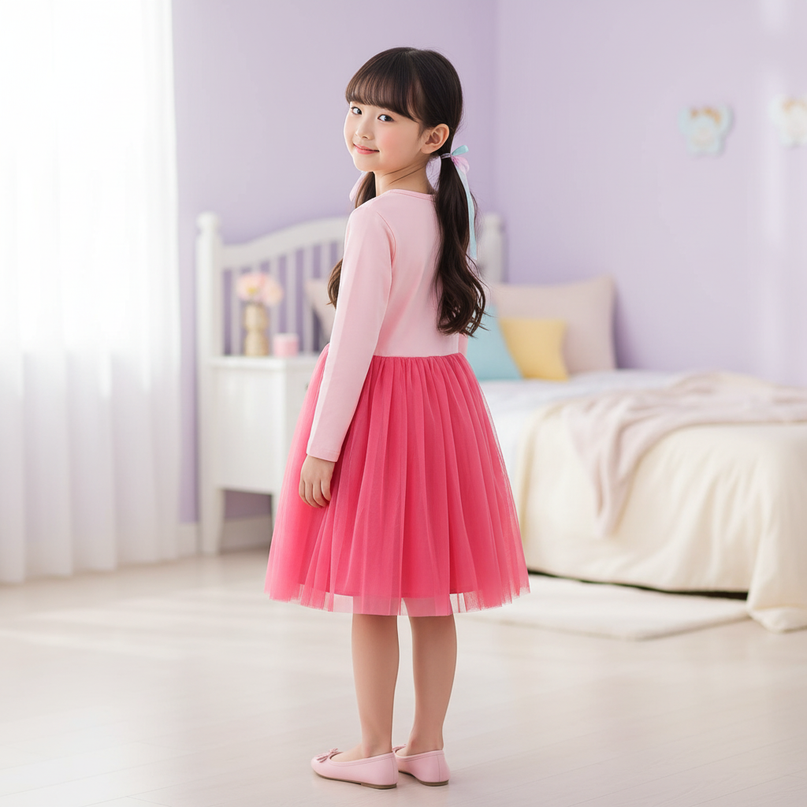 pink unicorn tulle dress long sleeve - back