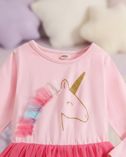 pink unicorn tulle dress long sleeve - detail