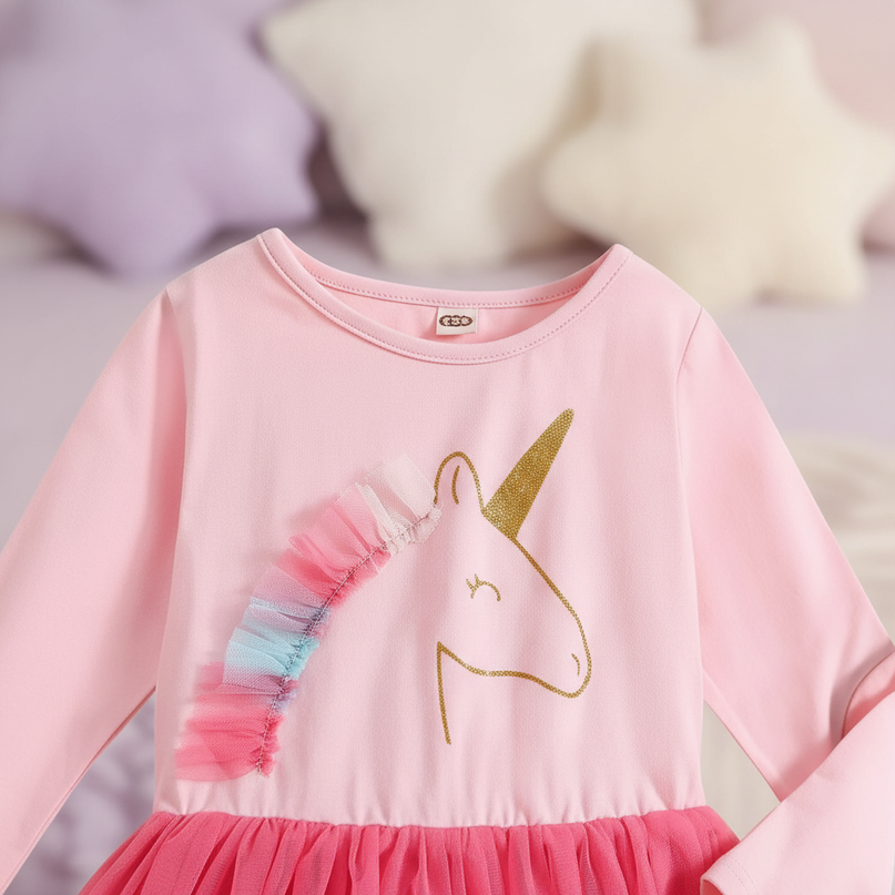 pink unicorn tulle dress long sleeve - detail