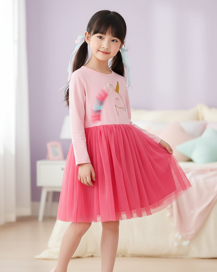 pink unicorn tulle dress long sleeve - front