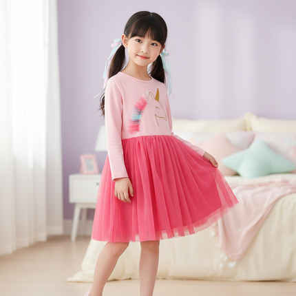 pink unicorn tulle dress long sleeve - front