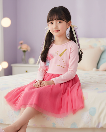 pink unicorn tulle dress long sleeve - sitting