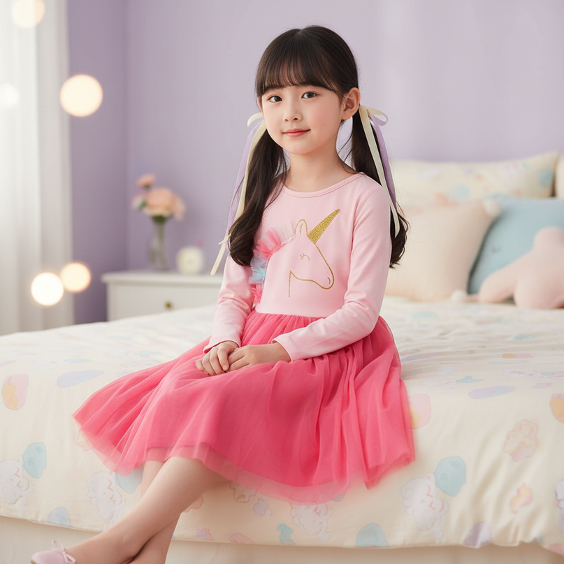 pink unicorn tulle dress long sleeve - sitting
