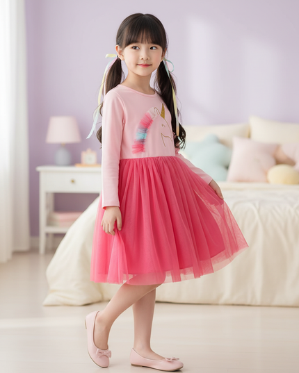 pink unicorn tulle dress long sleeve - three-quarter