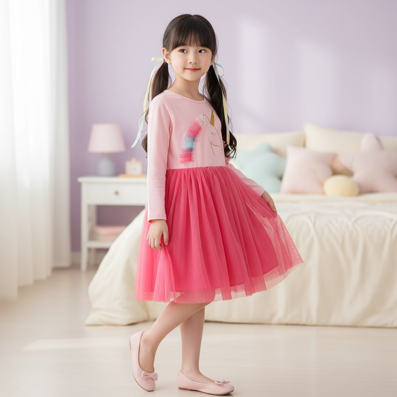 pink unicorn tulle dress long sleeve - three-quarter