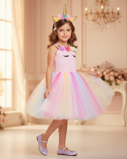 pink unicorn tutu dress with headband - front