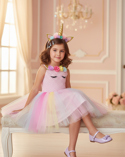 pink unicorn tutu dress with headband - sitting