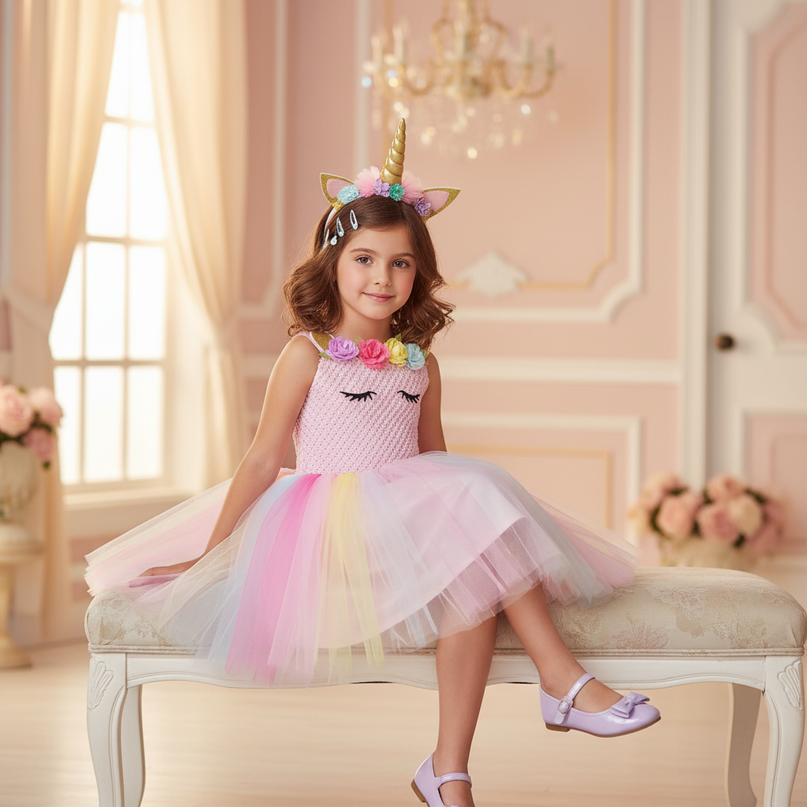 pink unicorn tutu dress with headband - sitting